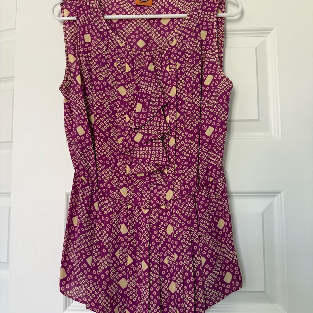 Tory Burch Magenta and Cream Sleeveless Ruffle Front Camisole